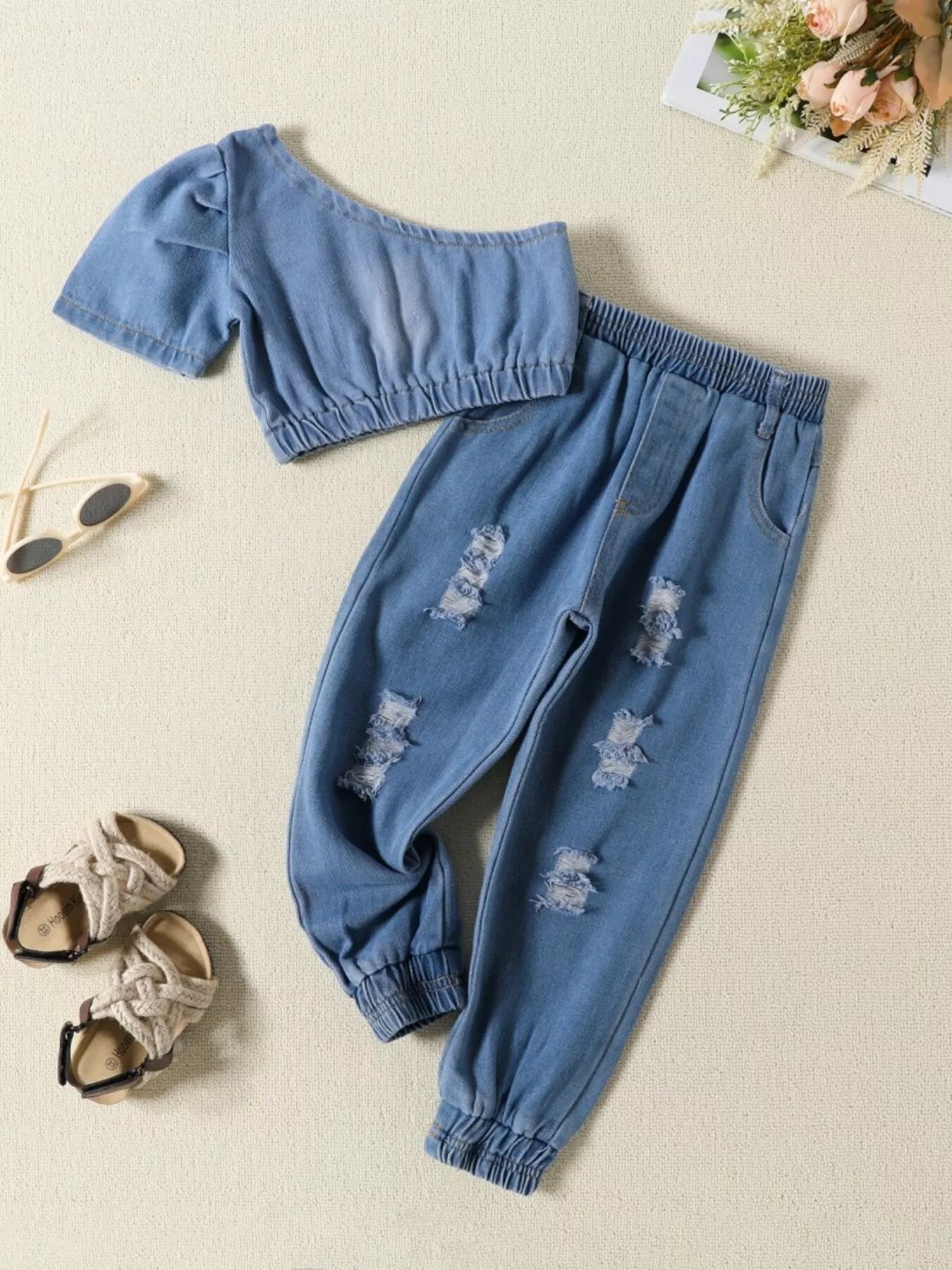 Children's One Shoulder Top and Distressed Jeans Set