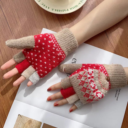 Convertible Knit Gloves with Nordic Pattern