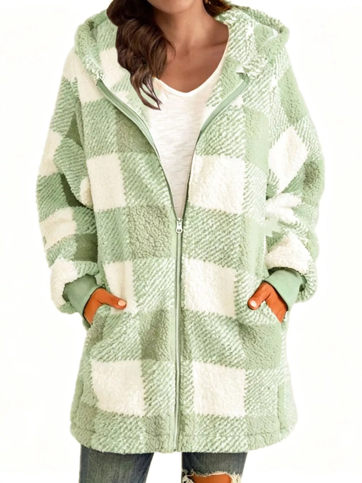 Plaid sherpa hooded zip-up jacket, view 26