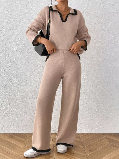 Contrast Trim Polo Collar Top and Pants Sweater Set