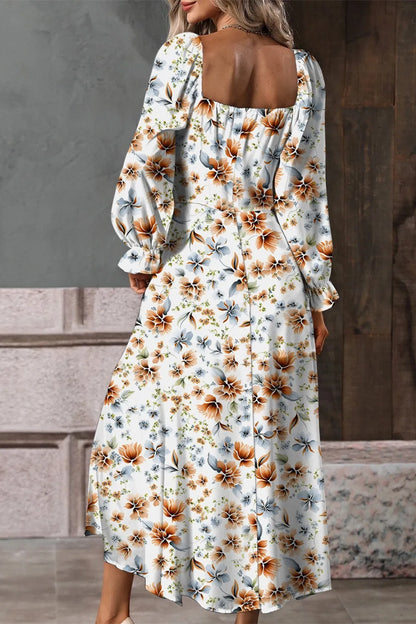Floral Print Flounce Sleeve Midi Dress