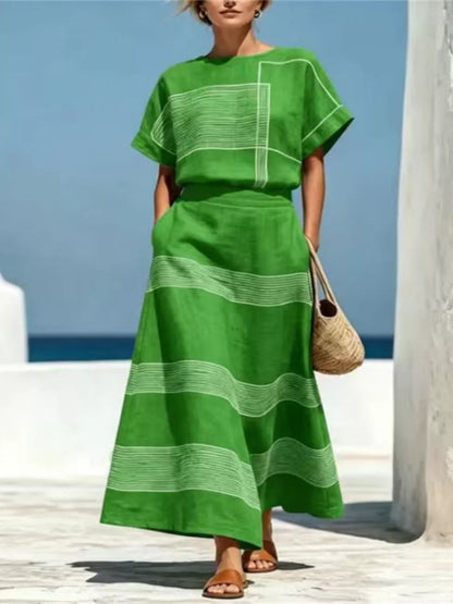 Full Size Striped Round Neck Top and Skirt Set Plus Size