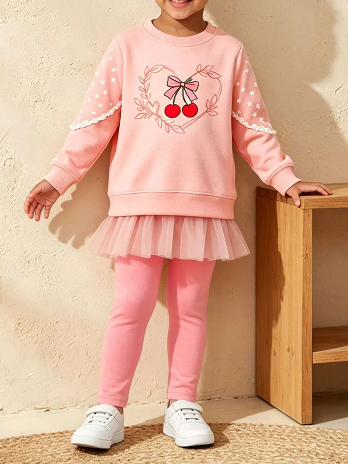 Kids' cherry bow sweatshirt & leggings set in blush pink