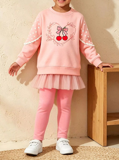 Kids' cherry bow sweatshirt & leggings set in blush pink