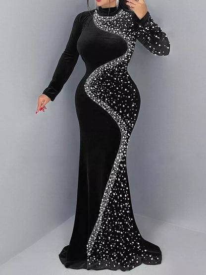 Rhinestone Velvet Mermaid Evening Maxi Dress