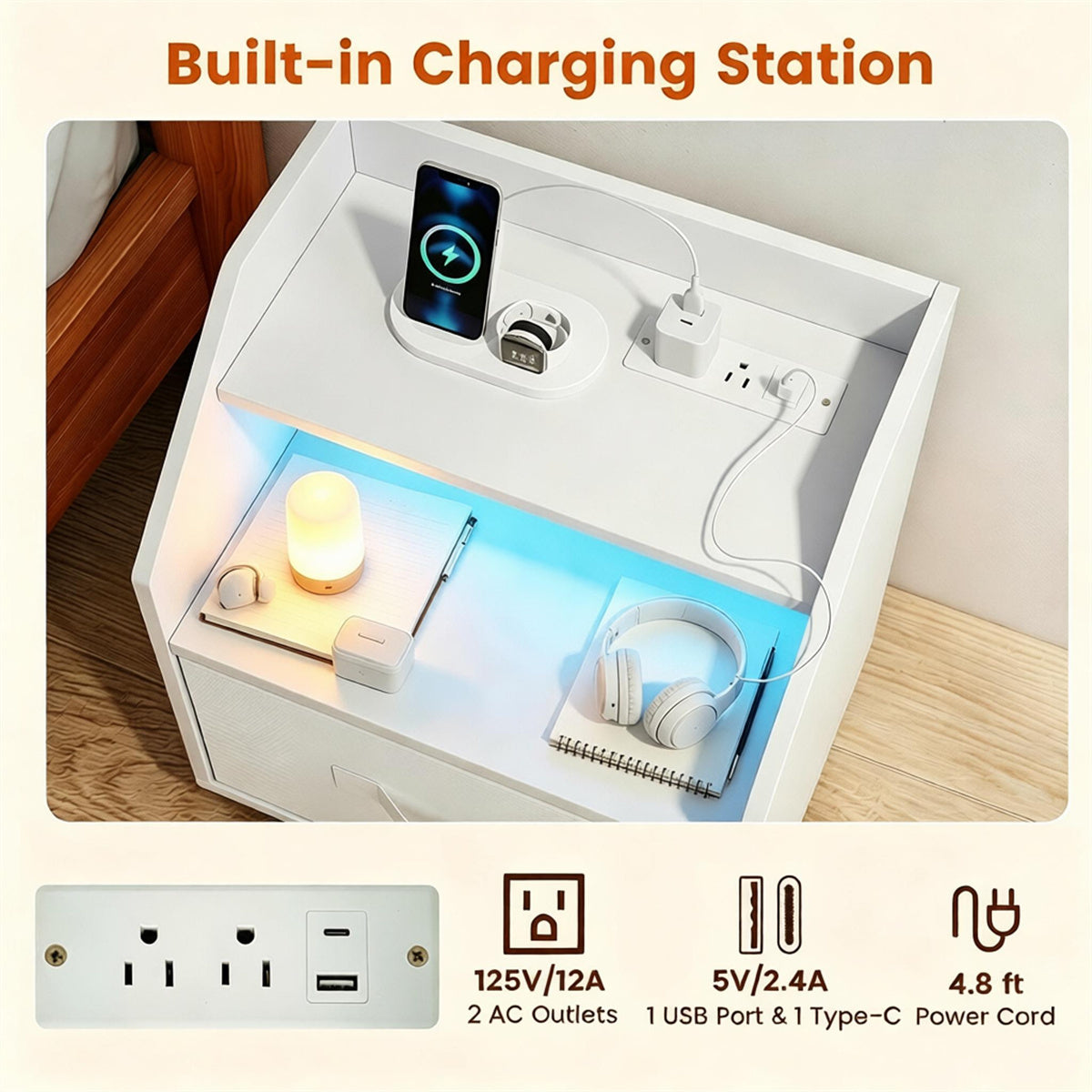 LED Nightstand with Charging Statio