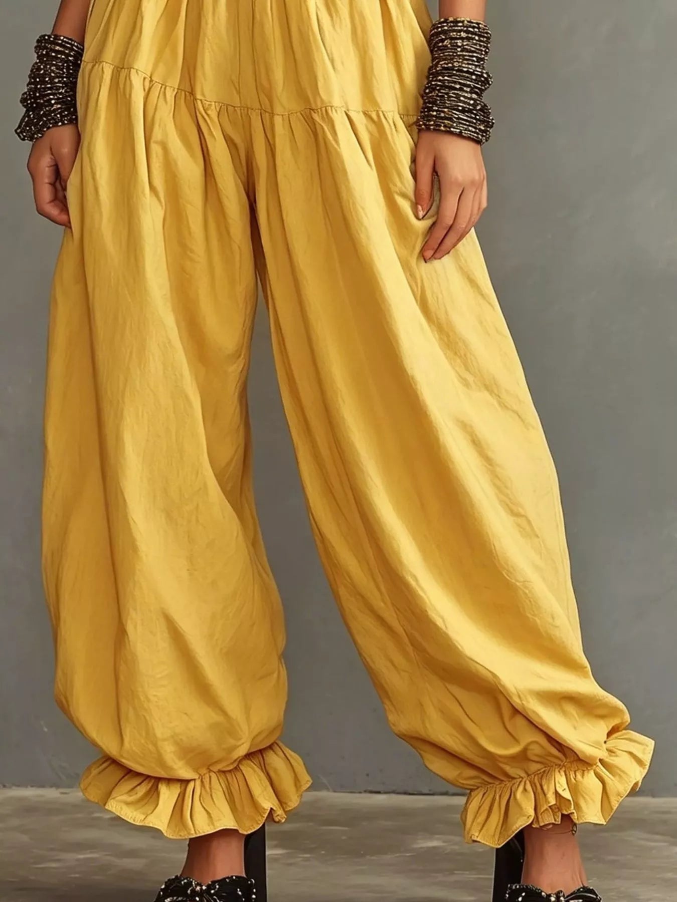Full Size Smocked Ruffle Hem Wide Leg Pants Plus Size