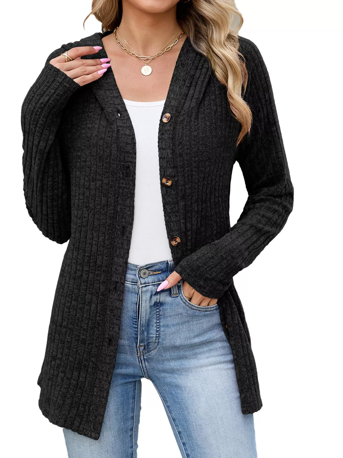 Ribbed Knit Hooded Button-Down Cardigan