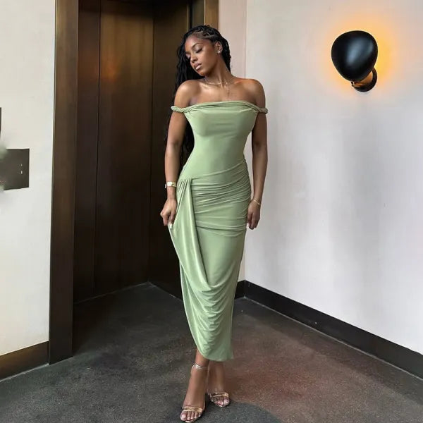 Backless Collar Pleated Slit Dress