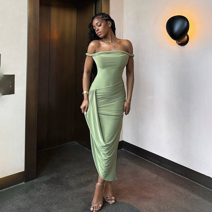 Backless Collar Pleated Slit Dress