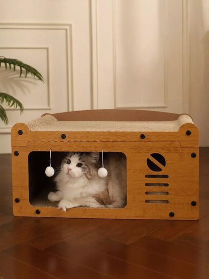 Wooden Cat House with Scratching Pad
