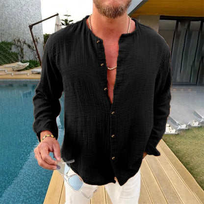 Men's Full Size Linen Button-Down Shirt