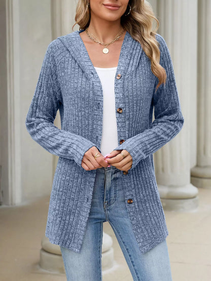 Ribbed Knit Hooded Button-Down Cardigan