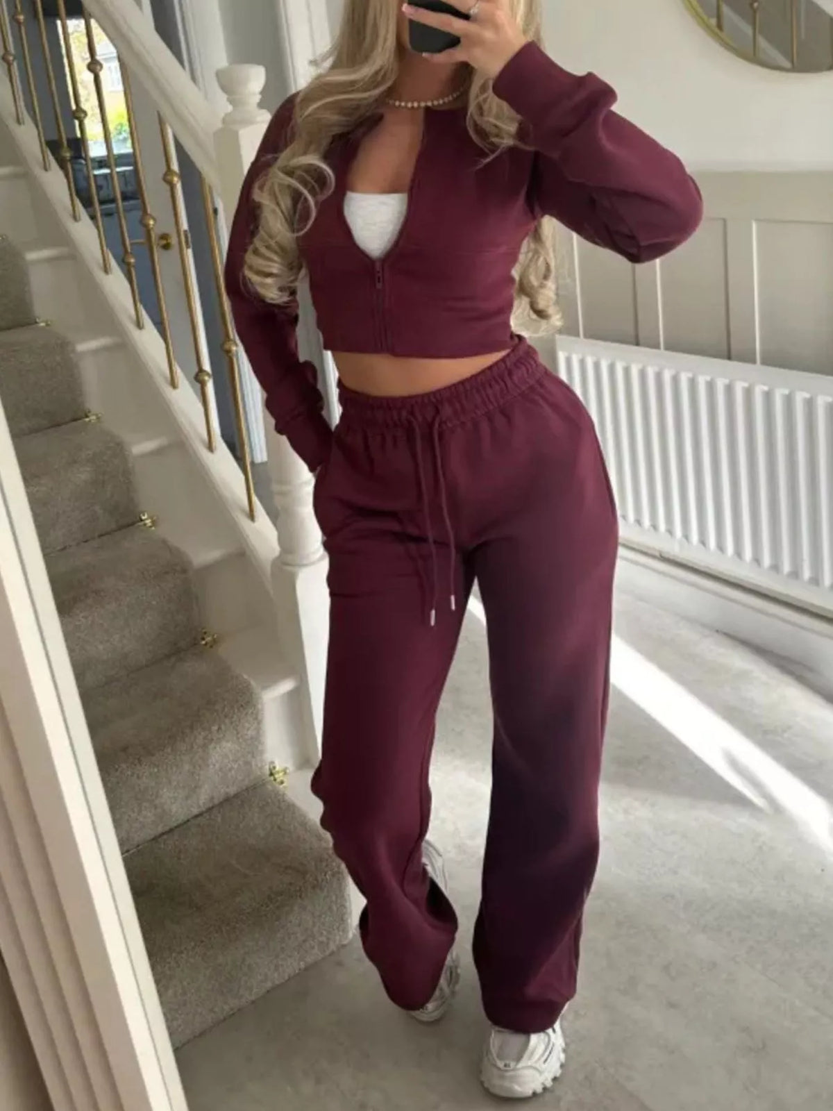 Zip-Up Crop Hoodie and High-Waisted Pants Set