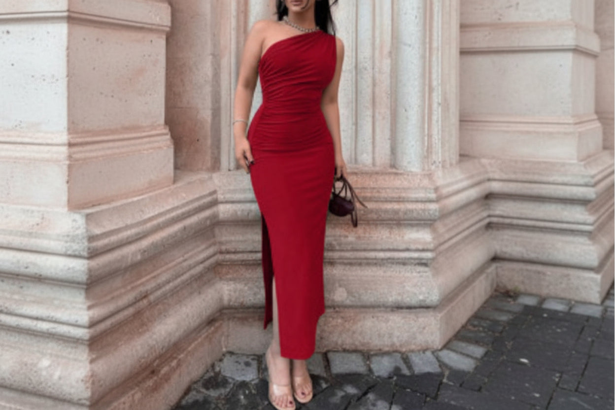 One-Shoulder Ruched Bodycon Slit Dress