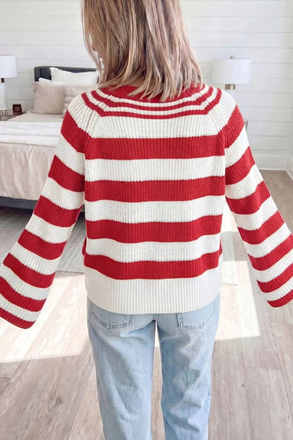 Striped Colorblock V Neck Long Sleeve Shift Sweater