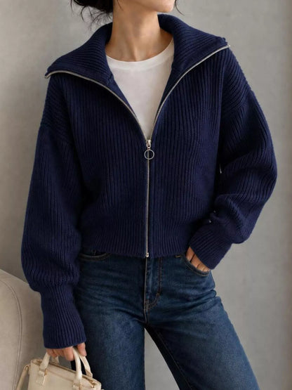 Zip Up Dropped Shoulder Cardigan