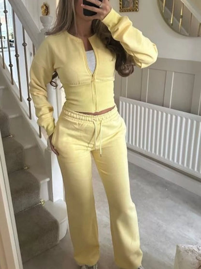Zip-Up Crop Hoodie and High-Waisted Pants Set