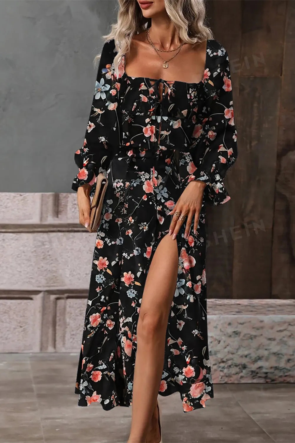 Floral Print Flounce Sleeve Midi Dress