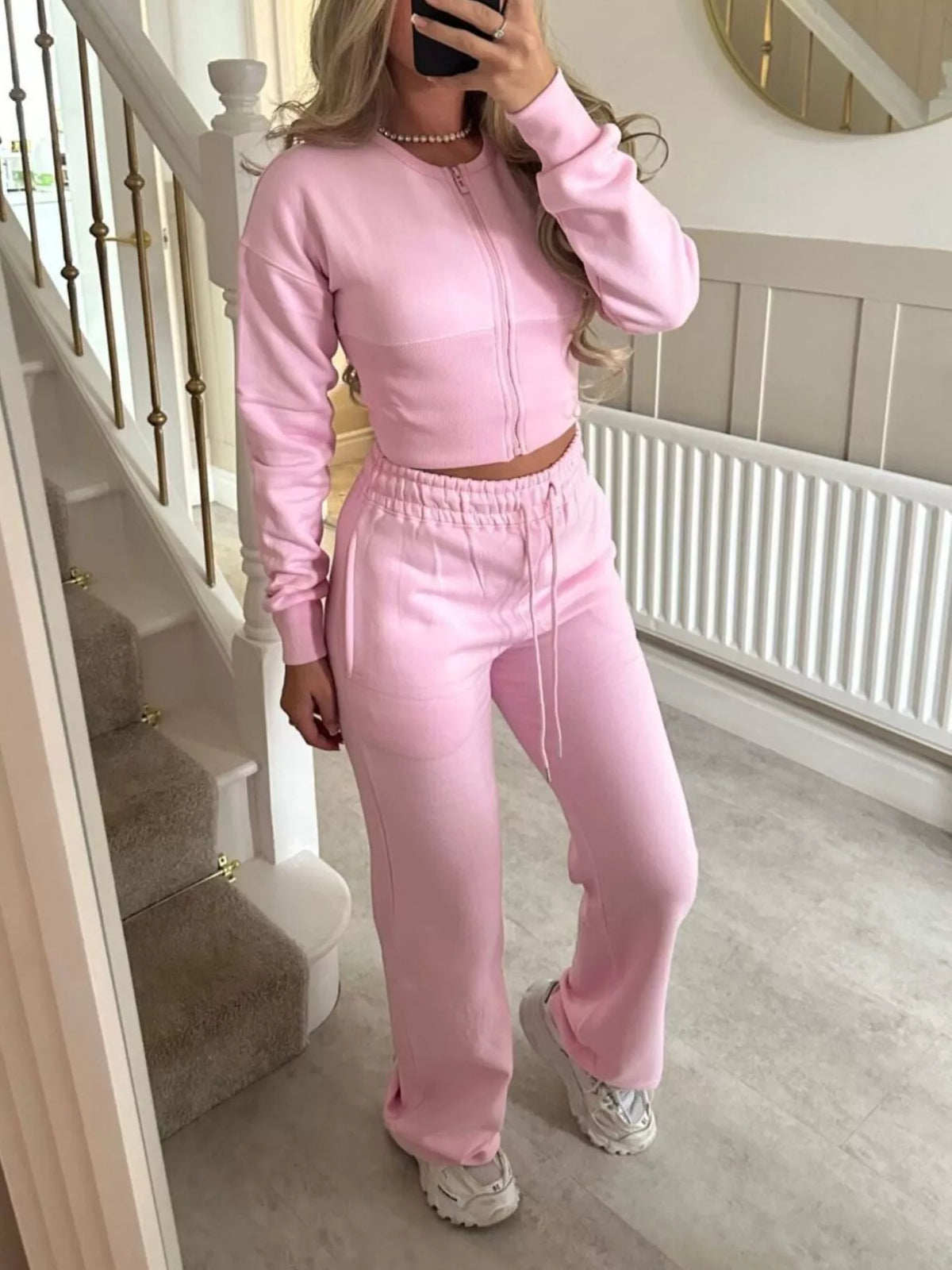 Zip-Up Crop Hoodie and High-Waisted Pants Set