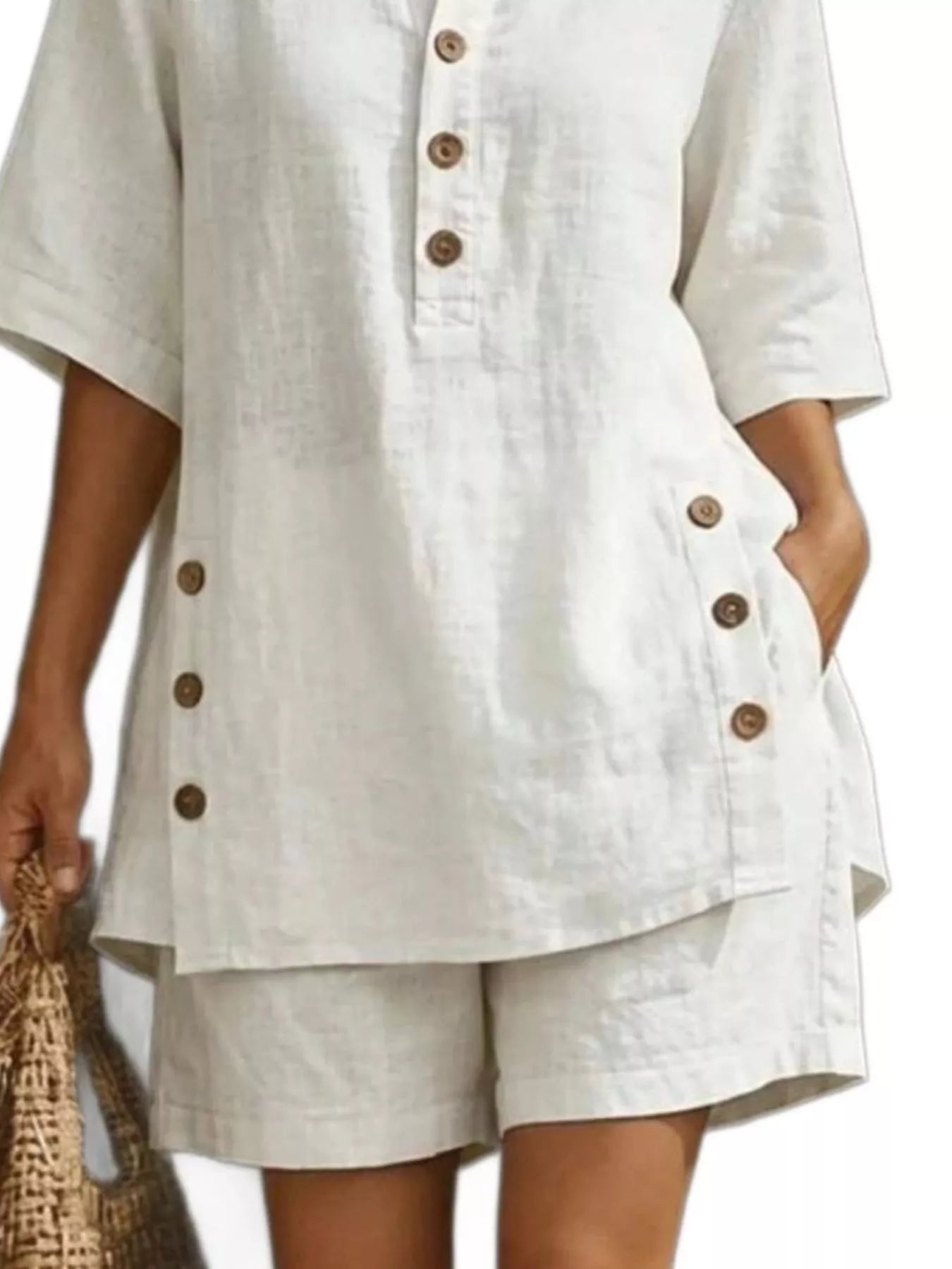 Full Size Casual Linen Button-Down Shirt & Shorts Set Plus Size