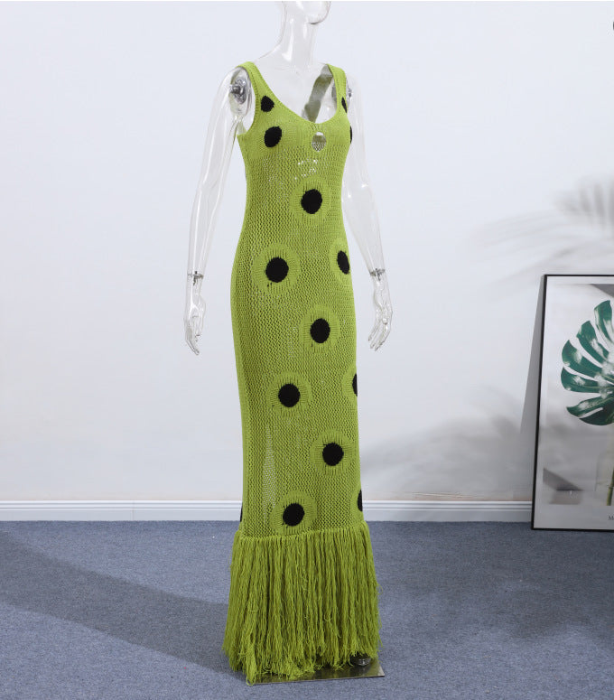 Polka Dot knitted dress with tassel suspender long skirt