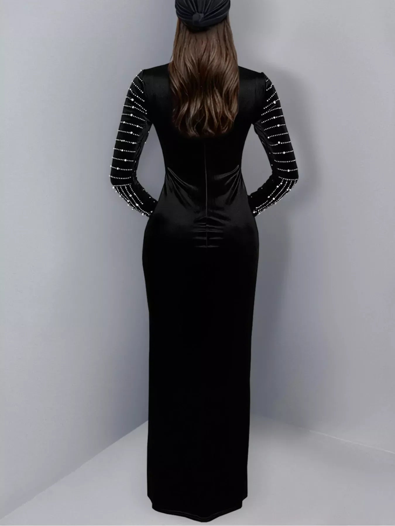 Rhinestone Embellished Mock Neck Long Sleeve Maxi Dress