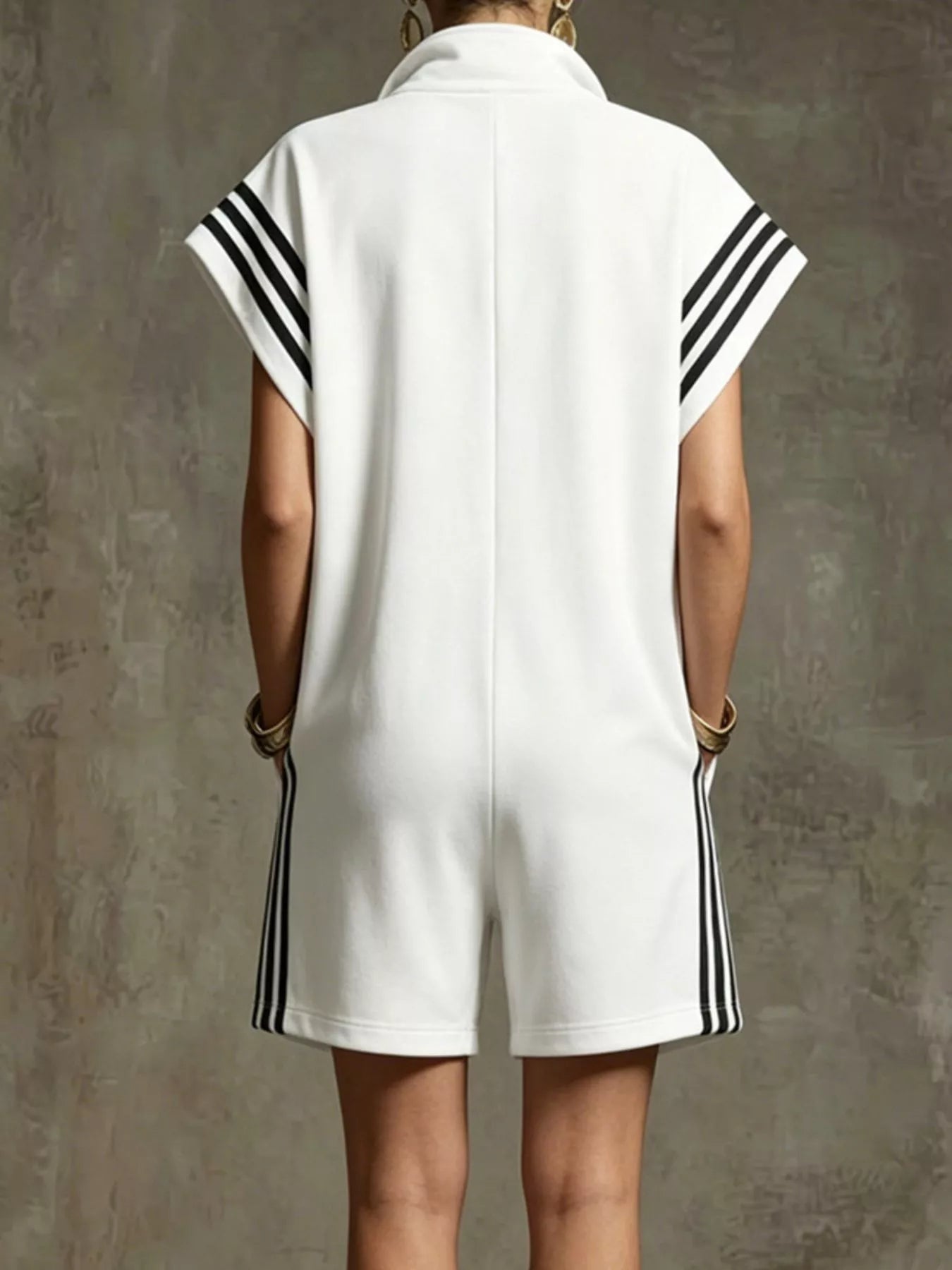 Striped Zip Front Short Sleeve Romper
