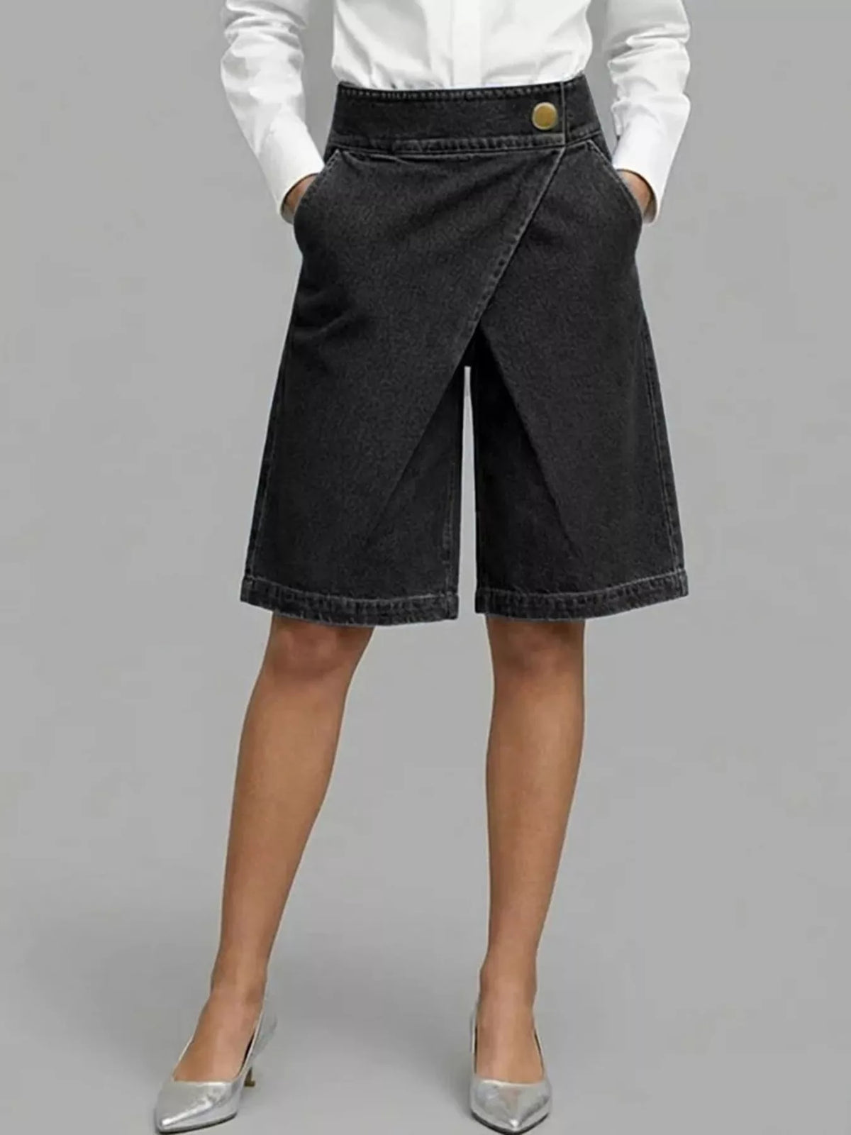 Plus Size High-Waisted Wrap-Front Denim Look Shorts