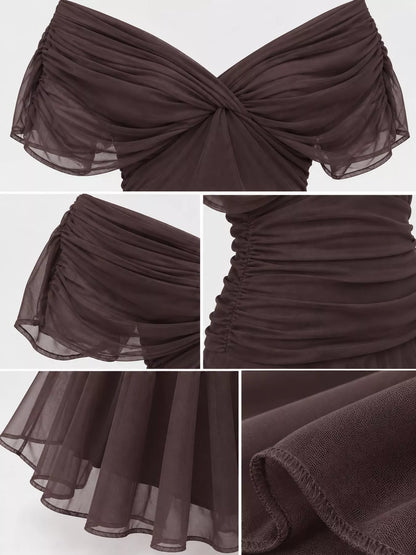 Off-shoulder ruched tulle dress, view 19