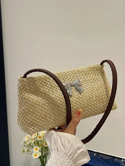 Woven Straw Shoulder Bag with Bow Detail