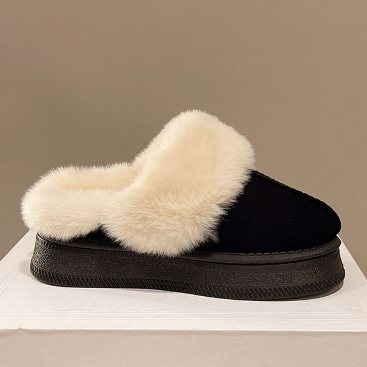 Suede Faux Fur Platform Slippers