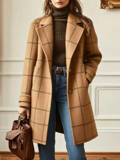Full Size Plaid Lapel Collar Longline Plus Size