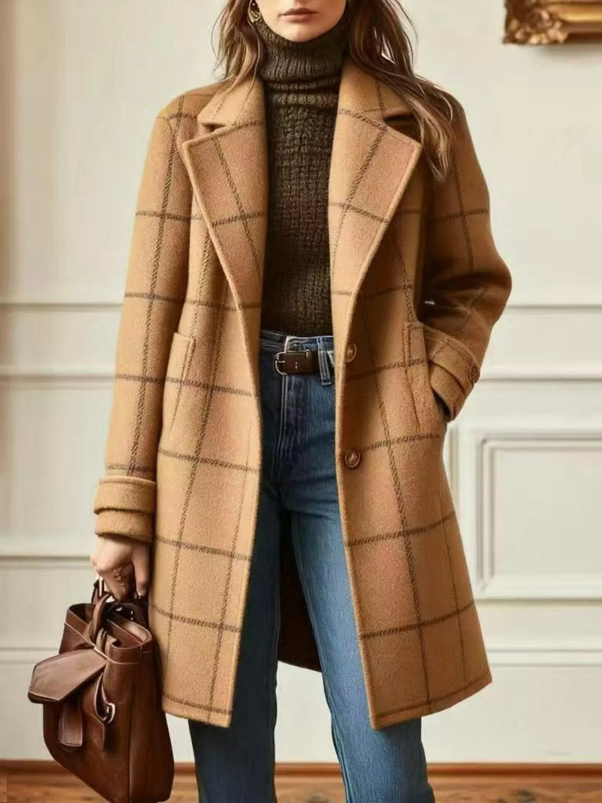 Full Size Plaid Lapel Collar Longline Single-Breasted Overcoat Plus Size