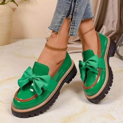 Round toe bow loafers, PU leather slip-on flats