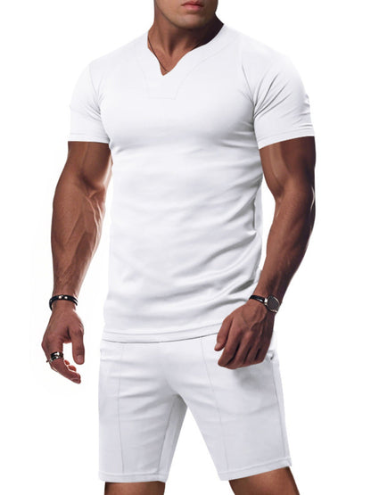 Men's Full Size V-Neck Short Sleeve T-Shirt and Shorts Set Plus Size