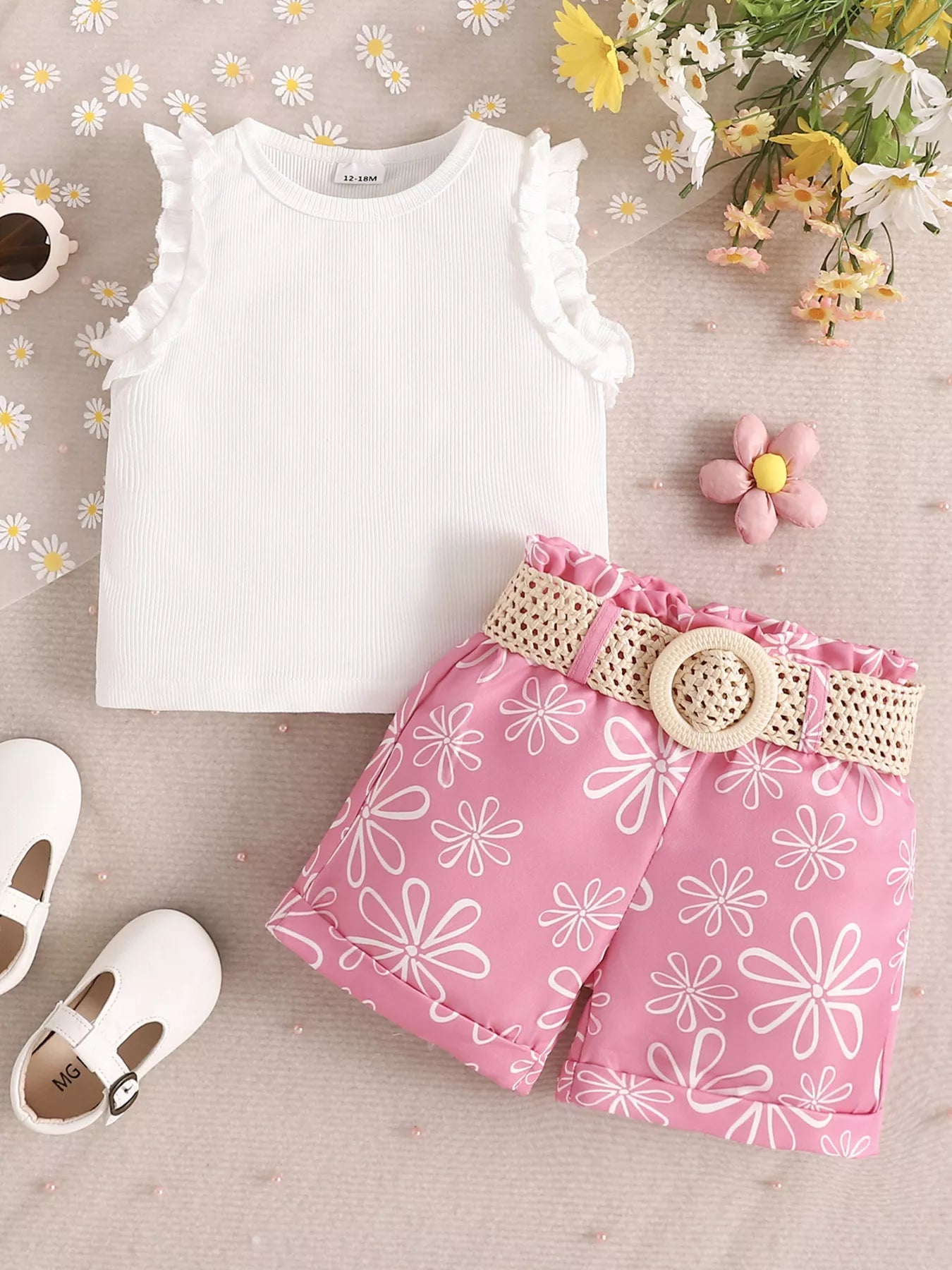 Children's Frill Sleeveless Top and Belt Shorts Set