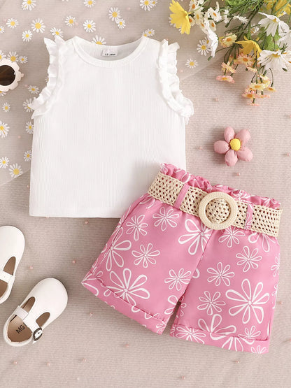 Children's Frill Sleeveless Top and Belt Shorts Set