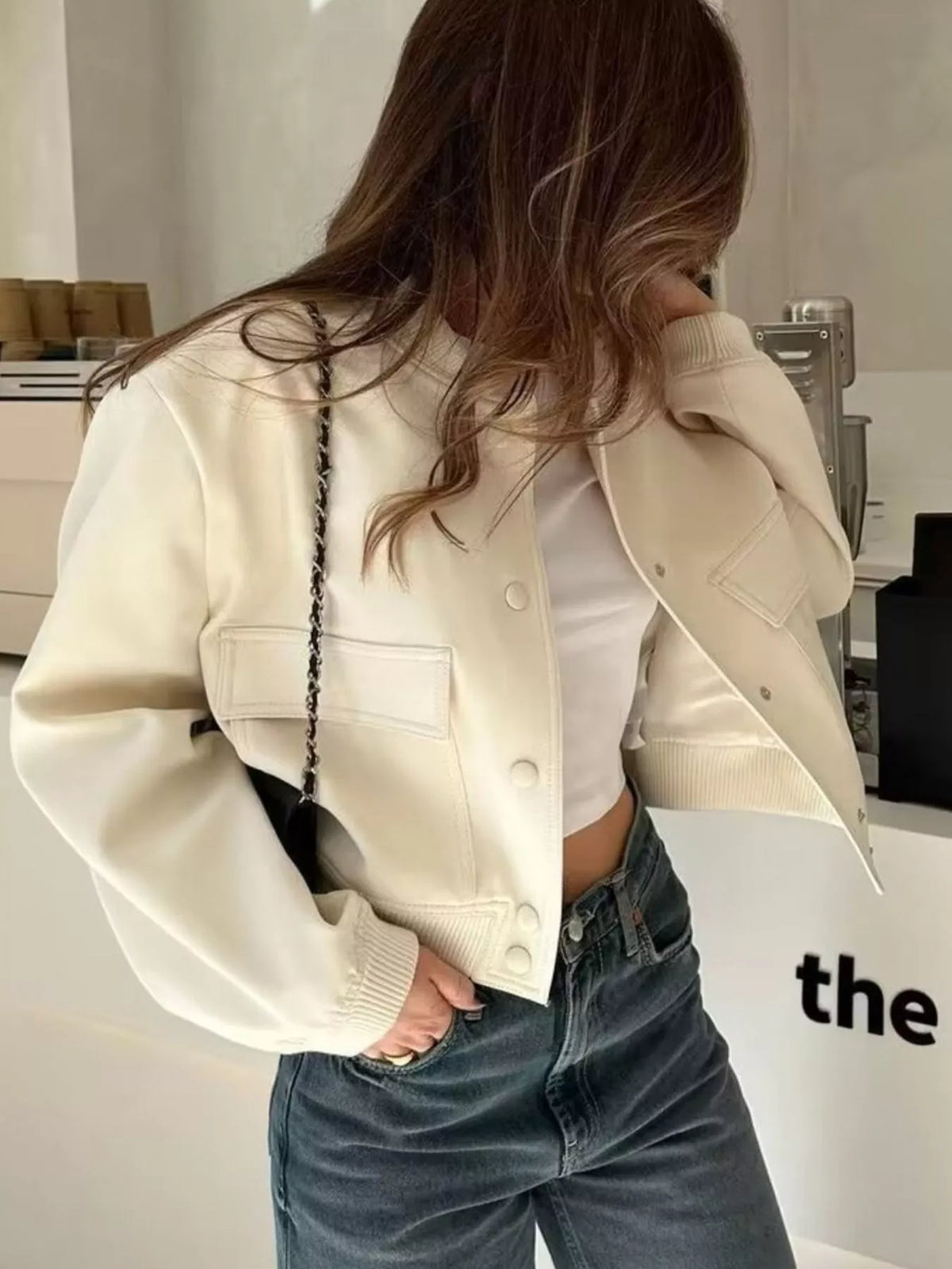 Women's cropped bomber jacket with pockets, white or black