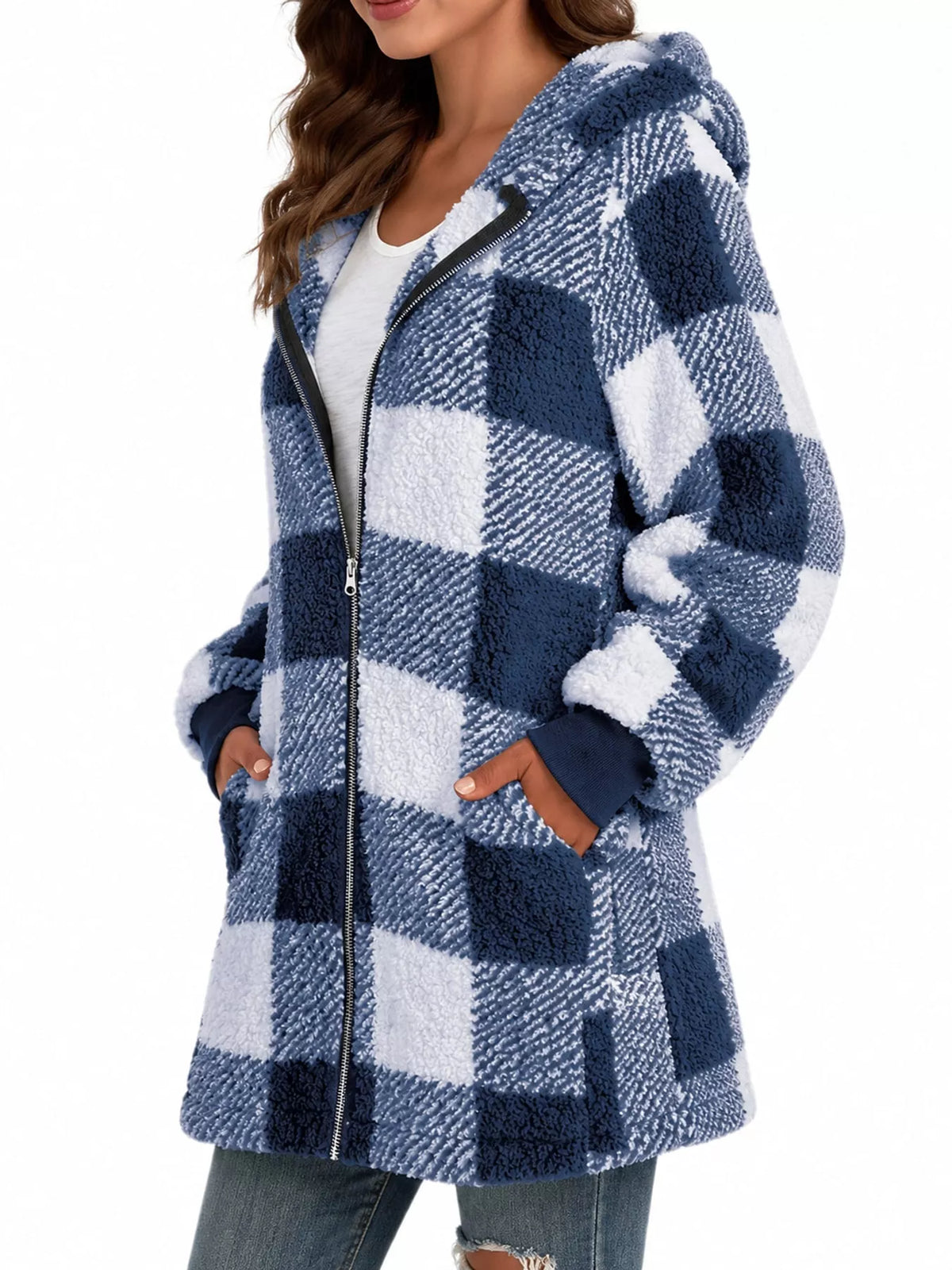 Plaid sherpa hooded zip-up jacket, view 15