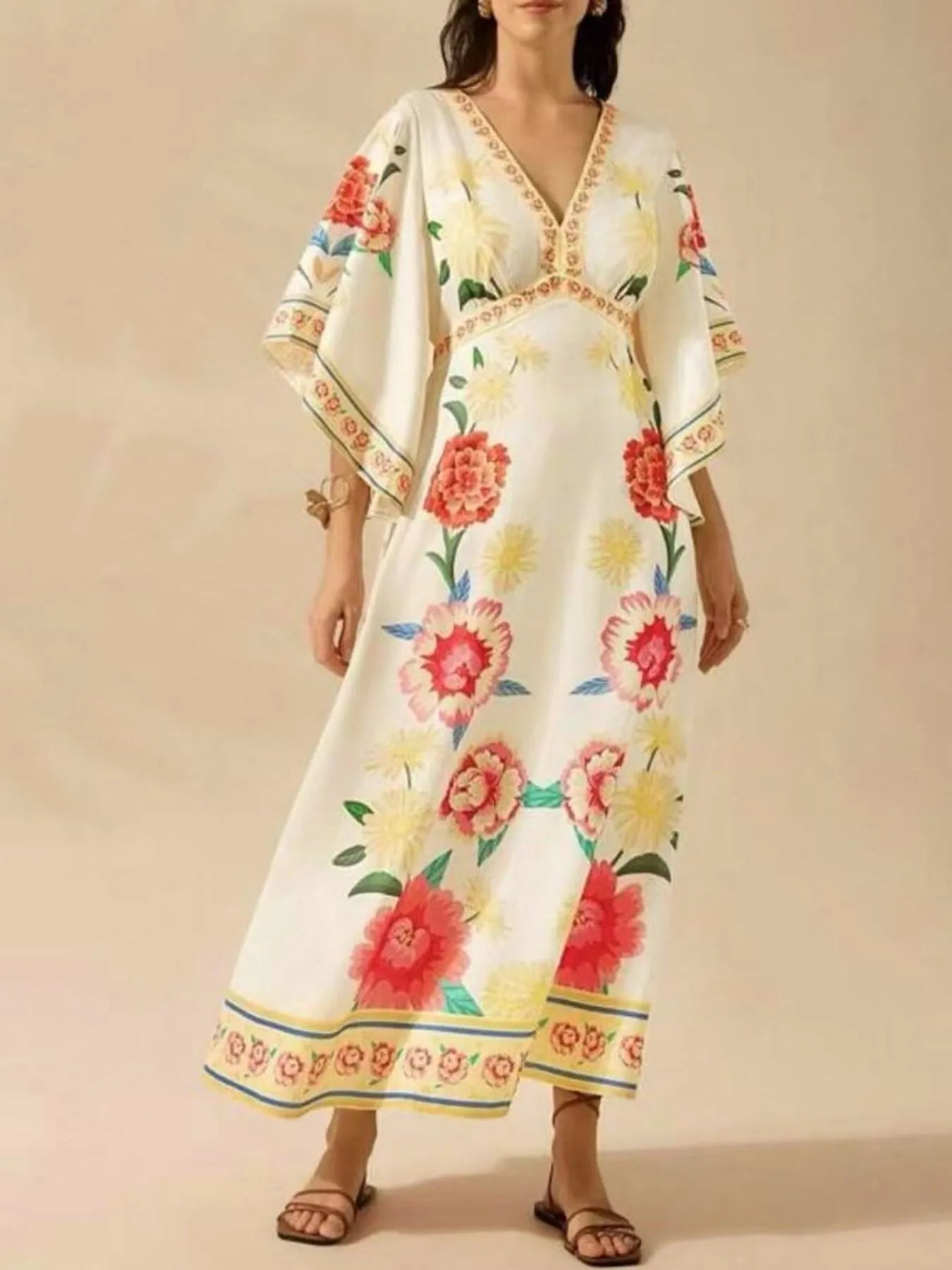 Palm Print V-Neck Midi Dress