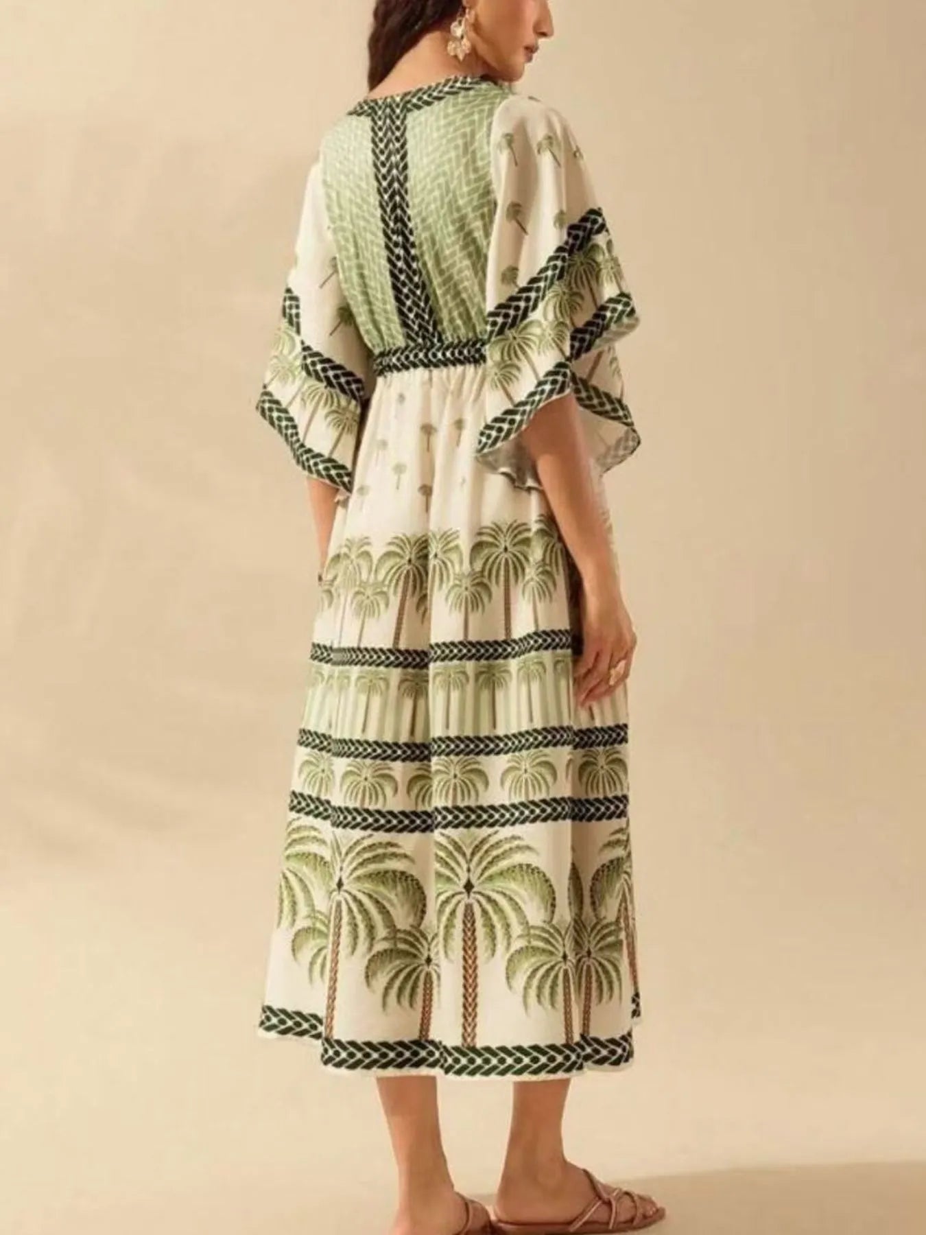 Palm Print V-Neck Midi Dress
