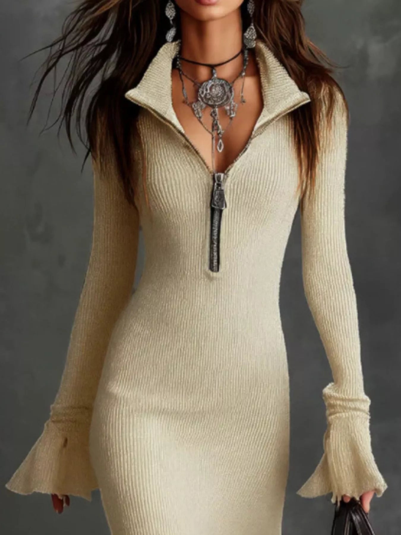 Ribbed Knit Zip Front Flare Hem Midi Dress