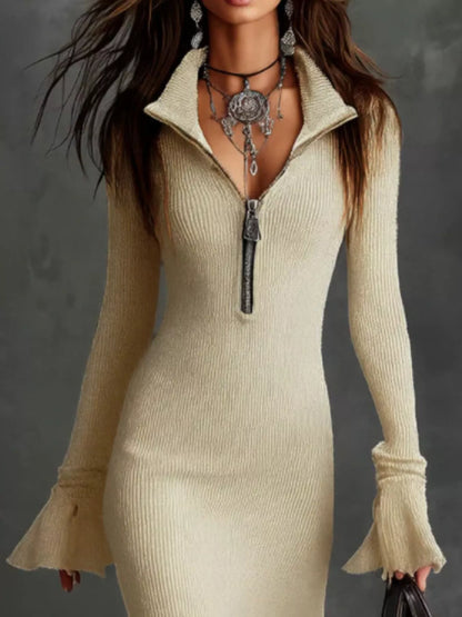 Ribbed Knit Zip Front Flare Hem Midi Dress