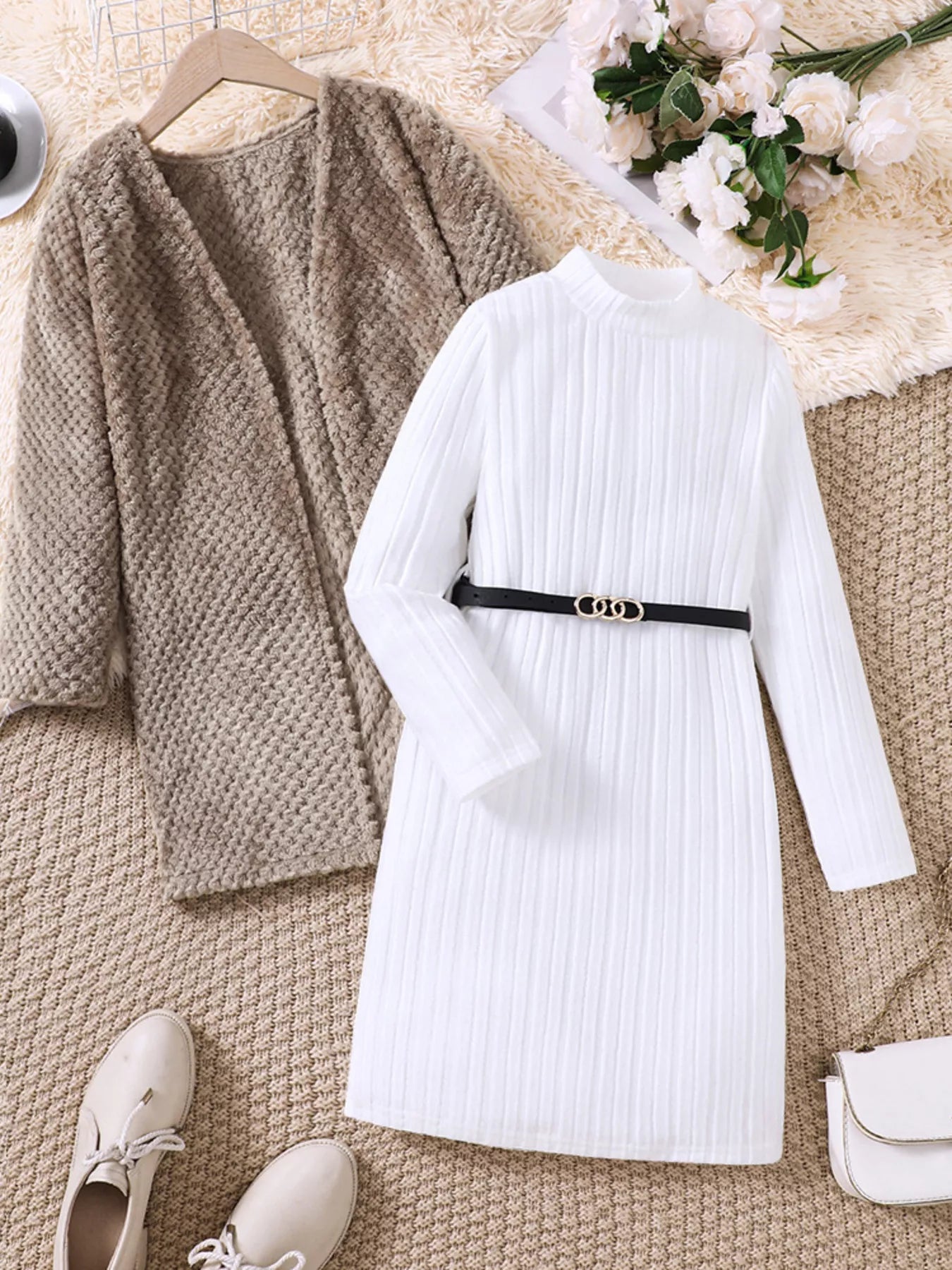 Children's Textured Sweater Dress Cardigan Set