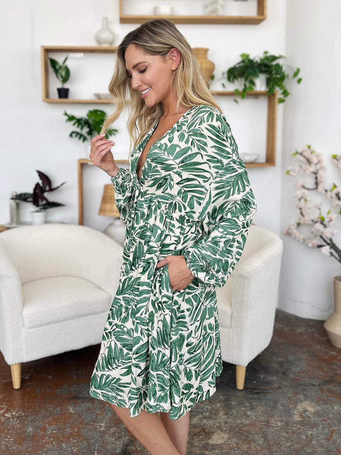 Printed Ruched Balloon Sleeve Dress