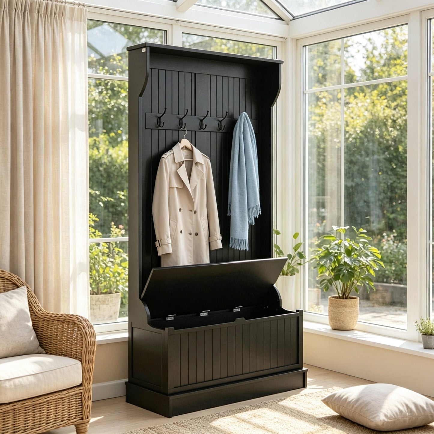 Black 3-In-1 Entryway Bench Coat Rack