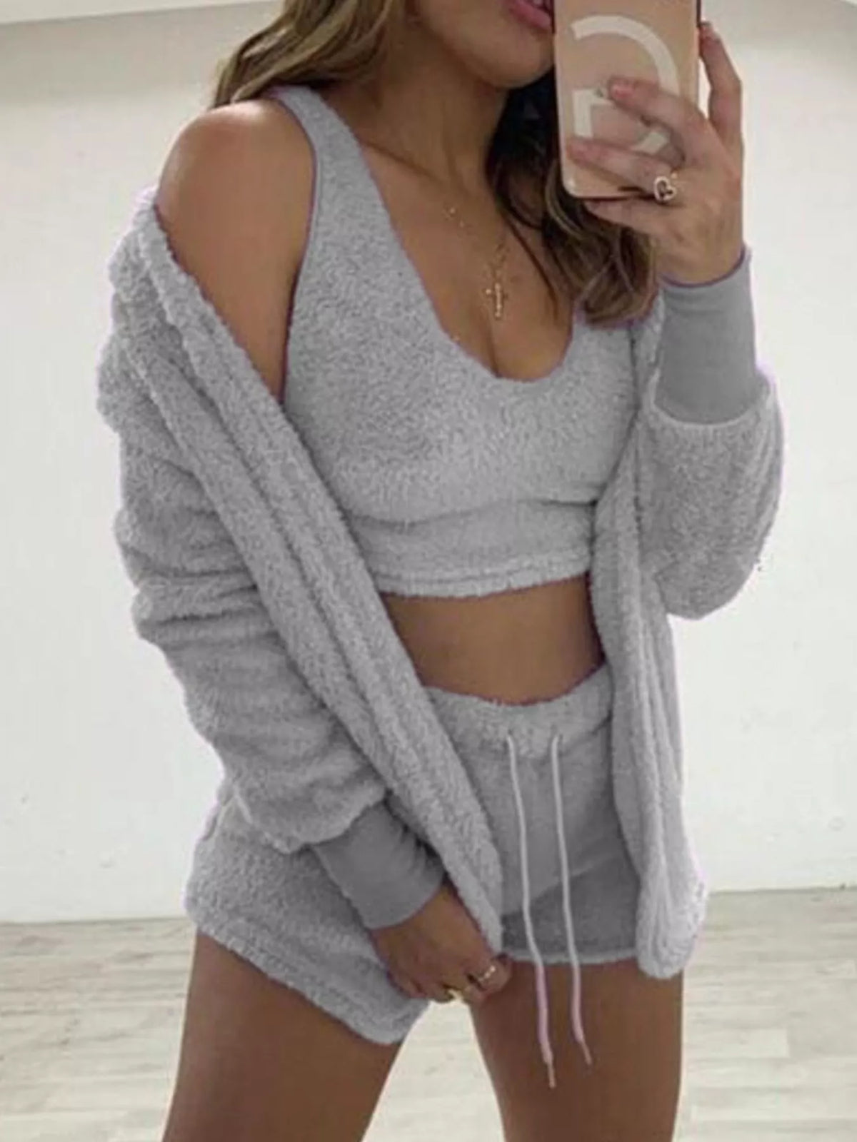 Full Size Fuzzy Tank, Cardigan and Shorts Set Plus Size