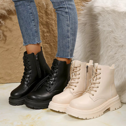 Lace Up Round Toe Platform Boots