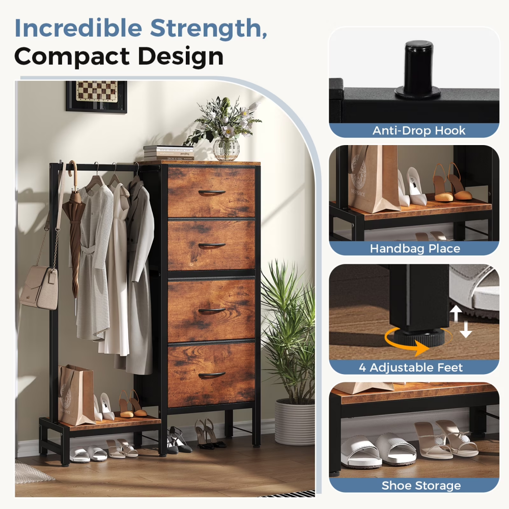 4 Drawers Dresser with Hanging Rack